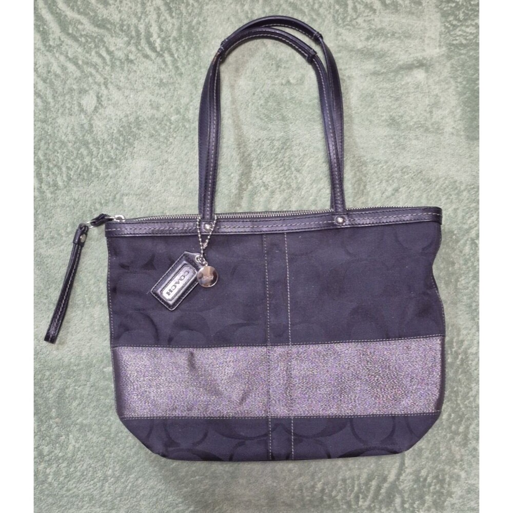 Coach Bag Black Silver Canvas w/ Leather Trim Tote Double Strap & Bag Charm